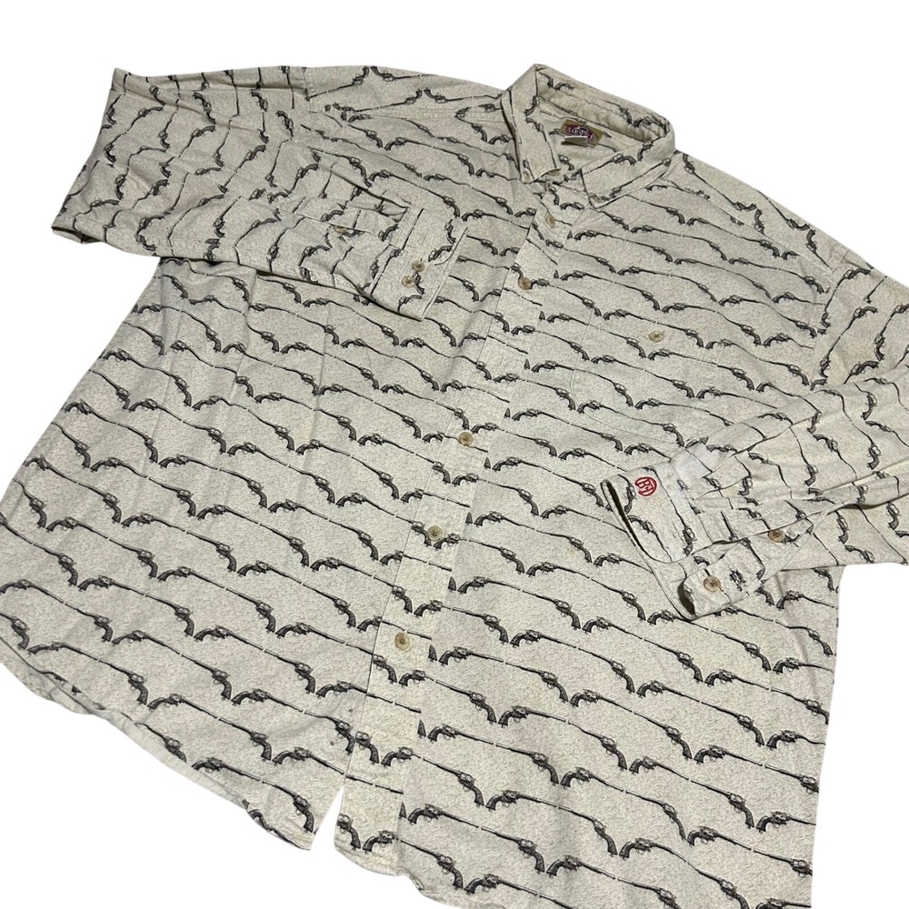 Barn Fly Button Down Shirt Mens L Cream Revolver Pistol Print Western USA Made